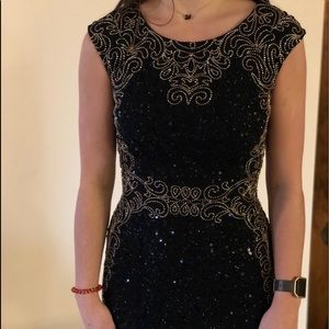 Formal black and gold beaded dress